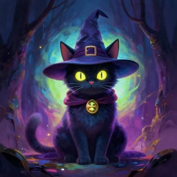 wizard cat, painting, dramatic, luminescent, colorful