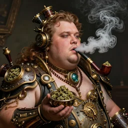a large - overweight man with a very long smoking an overly complex steampunk pipe full of intergalactic weed