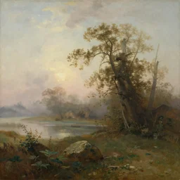 a oil painting of scenic view of misty morning by jmw turner
