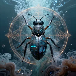 a photo of an ancient futuristic insect with digital modifications surrounded by a underwater ink pour and flowing liquid gallium and complex sacred geometry, powerful, cinematic, beautifully lit, by john howe, by beeple, by artgerm, by karol bak, by brian froud, 3 d, trending on cgsociety, octane render, 8 k