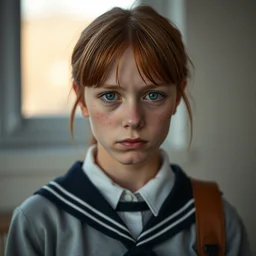 portrait of a thin adolescent white woman with round face wearing a school uniform, 1 6 yo, annoyed look, skin pores, acne, skin condition, uneven skintone, dry skin flare up, redhead, center parting, straight hair, in the morning, ambient light, sigma 8 5 mm, nikon 5 0 mm f / 1. 8 g, by lee jeffries