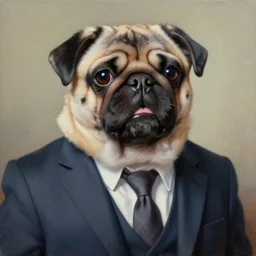 oil painting, a developer pug in a suit, intricate, masterpiece, artstation, stunning, open mouth
