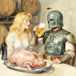 blonde woman and boba!! fett!! drinking beer in a wine cellar, masterpiece, meat, pork, schnapps, watercolor by anders zorn and carl larsson, art nouveau