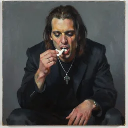 A painting of a drug addict taking ecstacy by George Condo