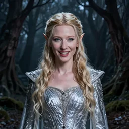 portrait of mischievous, dangerous Cate Blanchett's young Galadriel as a queen of elves, dressed in a elegant silvery garment. The background is a dark, chilling eastern europen forrest.  night, horroristic shadows, higher contrasts, lumnious, theatrical, character concept art by ruan jia, thomas kinkade, and J.Dickenson, trending on Artstation