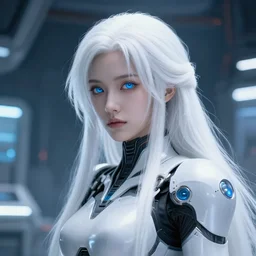 perfect android girl, warframe armor, beautiful face, scifi, futuristic, space station, laboratory, kwak ji young, dreamy, long white hair, blue cyborg eyes, cinematic lighting, innocent, highly detailed, sharp focus, smooth, artstation, intricate, award winning, pure aura, divine, by akihiko yoshida