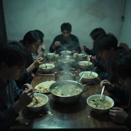 photo of a room of people eating soup, the vibe is eerie, the image is low quality, it was found on the deep web.