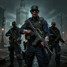 metrocops from half - life 2 patrolling streets of warsaw, digital art, very very creepy, dystopian, high quality render, military art, highly detailed guns