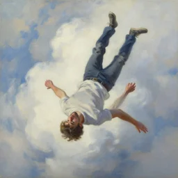 expressive oil painting of a man falling form the sky with clouds, view from top looking down,