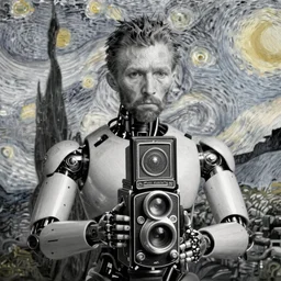 photo of cyborg vincent van gogh by diane arbus, black and white, high contrast, rolleiflex, 5 5 mm f / 4 lens