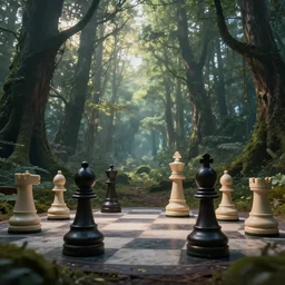 a magical forest with huge chess pieces, 8 k, matte painting, early morning light, cinematic light, in the style of francisco de goya and h. r. giger,