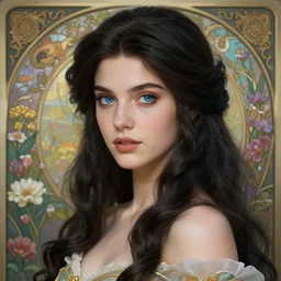 beautiful dark - haired woman in the image of a fairy - tale princess in a flower garden, wonderful blue eyes, cute, highly detailed, deep focus, clear focus, d & d, fantasy, complex, elegant, highly detailed, digital painting, artstation, concept art, matte, smooth clear focus, illustration, hearthstone, works by artgerm and greg rutkowski, alphonse mucha and william - adolphe bouguereau