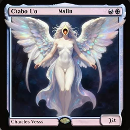 a symmetrical! delicate magic the gathering illustration by charles vess of radiant winged seraph with iridescent, spread wings in the shape of a vulva, it's face concealed by the bulb of the vestibule