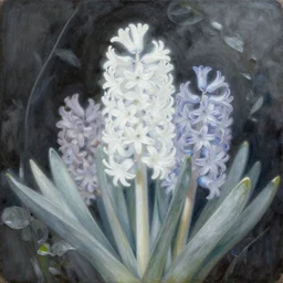 an painting of a nostalgic nacar and tortoiseshell Hyacinth surrounded by foliage, pastel oil inks, paint-on-glass painting, soft, very ethereal, silver color, dark, chiaroscuro, nacre, dreamy autochrome vaporwave 80s nostalgic pinhole photography, futuristic y2k white pure estructure liminal