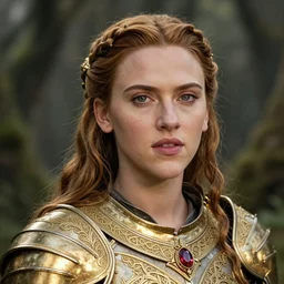 head and shoulders portrait of a female knight, young scarlett johansson, golden etched armor, lord of the rings, celtic hair braid, eldritch ruby amulet, sylvan glade, by artgerm, alphonse mucha, face detail, sharp focus, high key lighting, vogue fashion photo