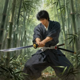 a beautiful painting of a samurai cutting through a field of bamboo with his katana, trending on artstation. Capcom, SNK, gorgeous and dramatic lighting.