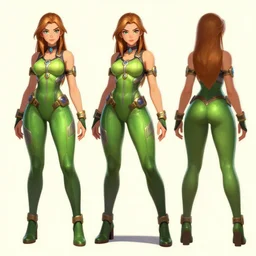Hearthstone art style : a character design sheet of a girl with a green thight bodysuit from a sci-fi action game. Important: insanely large hips, insanely tiny waist