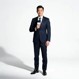 confident news reporter with microphone, cinematic studio photo, full body, standing, isolated on a pure white background, centered, whole figure in frame, sharp focus, studio lighting