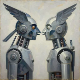 Oil painting by Rufino Tamayo. Mechanical gods with bird faces kissing. Oil painting by Willem de Kooning.
