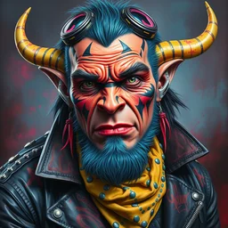 portrait of a scifi orcish biker character, vibrant psychedelic colors, futuristic punk rock fashion, studded leather jacket, face tattoos, oil painting by michael whelan