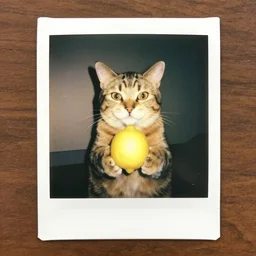 polaroid of cat holding a lemon
