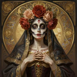 symmetry!! portrait of santa muerte, intricate, elegant, highly detailed, my rendition, digital painting, artstation, concept art, smooth, sharp focus, illustration, art by artgerm and greg rutkowski and alphonse mucha