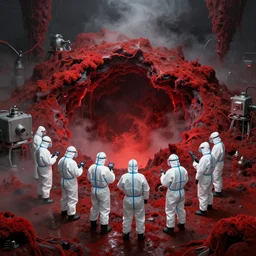 wide - shot photo of a group of scientists in hazmat suits, studying a hell open rift portal, by shaun tan, codachrome, hellish, unsettling, red moss, otherworldly, smoke, red liquid, machines, 8 k, hd, highly detailed,