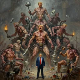 oil paint of 1 1 clones of donald trump, flayed gods, in tiers, colossal medical equipment melee, battle pit, by wayne d barlowe, boris vallejo, stefano tamburini, torch light, muted colors, epic, hyper detailed, awe inspiring, award winning horror, hyper realism, cinematic