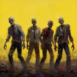 painting of zombies walking in a yellow sky