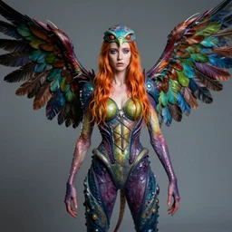 a portrait photograph of sadie sink as a colorful harpy super hero with slimy mutated skin. she is trying on a amphibian organic catsuit and transforming into a feathered beast. by tom bagshaw, donato giancola, hans holbein, walton ford, gaston bussiere, peter mohrbacher and brian froud. 8 k, cgsociety