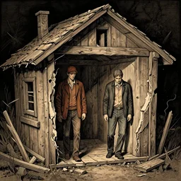two husbands leave each other inside broken wooden house, detailed intricate ink illustration, dark atmosphere, detailed illustration, hd, 4k, digital art, overdetailed art, concept art, by greg rutkowski, by loish, complementing colors, Trending on artstation, deviantart
