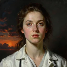 baroque neoclassicist sci - fi close - up portrait of a stunning female scientist becoming sunset clouds. reflective detailed textures. studio lighting, dark background. highly detailed fantasy science fiction painting by, moebius, norman rockwell, frank frazetta, and syd mead. high contrast. artstation