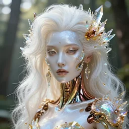beauteous sumptuous white pearlescent iridescent skin on face, crystal, gold, copper, bronze biomechanical with incredible iridescent pearlescent voluminous neon hair, crystalline masterpiece incrustations, hyperdetailed face, elegant pose, movie still, intricate, octane render, cinematic forest lighting, unreal engine, crepuscular rays, god rays