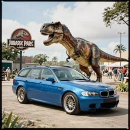 jurassic park : : movie still : : blue bmw m 5 wagon : : t - rex : : f 8 aperture, cinematic eastman 5 3 8 4 film