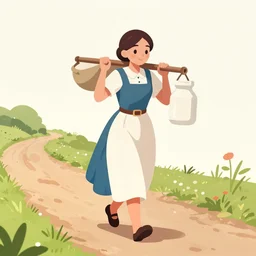 a beautiful maiden carrying milk as she walks along the dirt path, digital art, soft colors, cell shading, simple