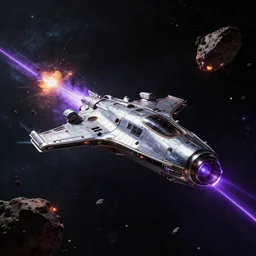 Wide shot of a chrome spaceship traveling in space , explosions and purple  lasers, burning wrecks. Asteroid belt. Scenic view, in the void of space, underexposed, matte painting by Craig mullins and Emmanuel_Shiu and john berkey, cinematic, dark sci-fi, concept art trending on artstation, movie quality  , 4k, insane details, ultra realistic , star citizen