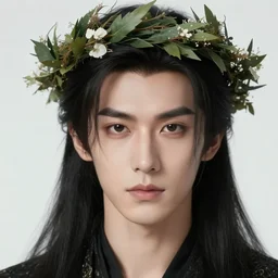 the emperor of mankind, beautiful face, long black hair, a wreath on his head, digital painting, photo realism, super realistic detail