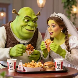 A photograph of Shrek and Fiona eating at KFC on their wedding day.
