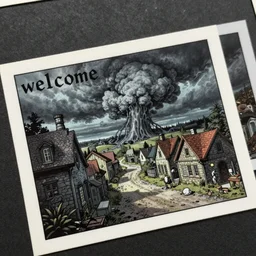 detailed ultra - realistic graphic novel illustration of lovecraft horror, travel postcards insmouth town, text'welcome ', toxic clouds, dark energy, inspired by famous fantasy illustrators, fog, blood, tentacles, evil fluid, darkness night, terrific, green, black colors