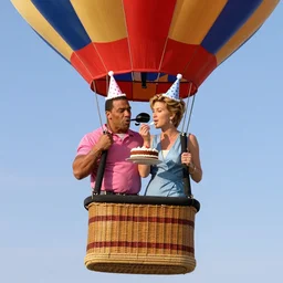 mike tyson and celine dion in a hot air balloon high in the air, both are wearing cute birthday hats and eating cake, movie 8 k,