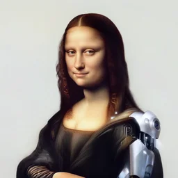 centered portrait photo by leonardo da vinci of soulful girl as a cyberpunk mecha humanoid robotic parts wearing goggles with bright lights, holding a pudica pose, inside white room, ultra - realistic and detailed, 8 k