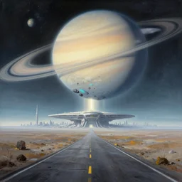 a gorgeous bleak and desolate sci - fi painting by john harris, sparth and greg rutkowski. meteorite falling!! tiffany blue, grey orange, white and golden. sci - fi road to epic huge space base, beyond the horizon, future city skyline!! light effect. huge saturn. ultra clear detailed!! 3 d, octane render. 8 k