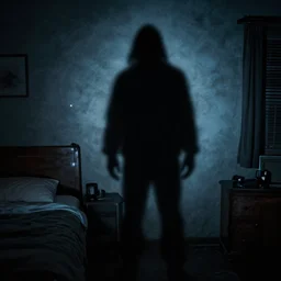 a creepy shadow figure in a 9 0 s bedroom, at midnight, looking for victims