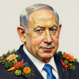 portrait of benjamin netanyahu made of fruits vegetables and flowers, by giuseppe arcimboldo