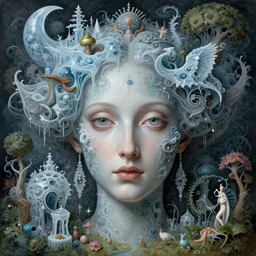 a beguiling fantasy matte painting of an intricate beautiful portrait face of a georgeous woman designed by heironymous bosch, structures inspired by heironymous bosch's garden of earthly delights, surreal ice skin structures by cyril rolando and asher durand and natalie shau, insanely detailed, whimsical, intricate, sharp focus