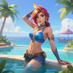 pool party Caitlyn (League of Legends) starting into the caribbean horizon . hyperreal 3d octane render 8k