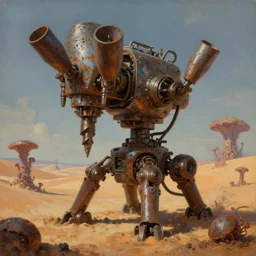 a chrome drillbot with big cone drills, in rusted badlands, matte oil painting, salt dunes, retrofuturistic, science fantasy, fungal polyps, mutant, lgbt, queer, rpg, epic, dungeons & dragons, sacred, sharp focus, award - winning, extremely detailed, 4 k, 8 k