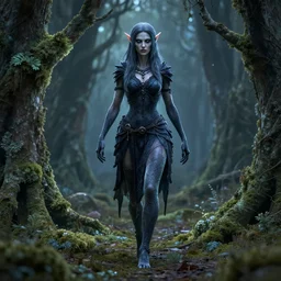 ravenfolk woman wandering in the lichen woods. safe for work, complementary colors, professional photography, matte painting, luminescent, 3 d render, 4 k, rimlight.