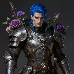 portrait of beautiful gothic young man, warhammer, cyberpunk armor, a lot of scars, more and more flowers, blue head, the middle ages, highly detailed, artstation, illustration, 8 k quality, art by leon gerome, greg gandy