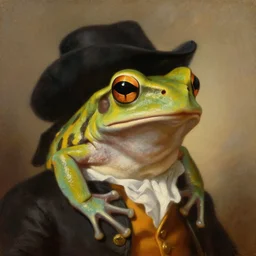 a head and shoulders portrait painting of an anthropomorphic!!!!!!!!!! amazon milk frog!!!!!!!!!! wearing a colonial outfit without a hat looking off camera, a character portrait, american romanticism, oil on canvas, soft focus, warm lighting